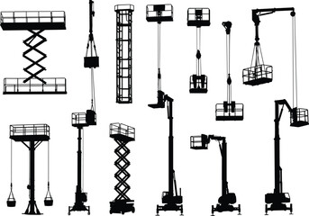 Elevated work platform silhouette set, cherry pickers, scissor lifts, boom lifts, aerial access equipment, construction lift machines, black vector illustration, isolated icons © Md