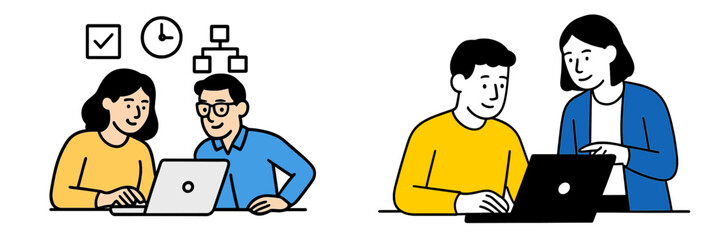 Fototapeta premium Set of two minimalist scenes showing colleagues collaborating on laptops with productivity icons for project management