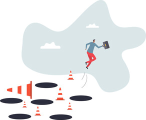 Avoid pitfall, adversity and brave to jump pass mistake or business failure, skill and creativity to solve problem.business concept.about a man and his life.