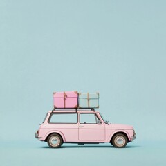 A small pink car with luggage on the roof is set against a plain light blue background.