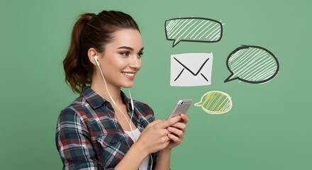 Young Woman Using Smartphone with Earphones Smiling in Green Background