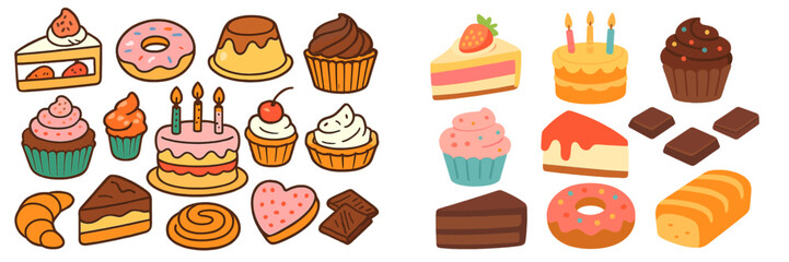 Collection of cute cartoon dessert icons including cake, cupcake, donut, and pastry isolated on a white background