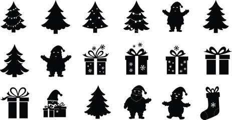 Christmas silhouettes, Santa Claus, gift boxes, stockings, Christmas trees, festive icons, holiday celebration, winter season, decoration, New Year festive symbols