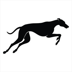 Black silhouette of a greyhound dog running at full speed