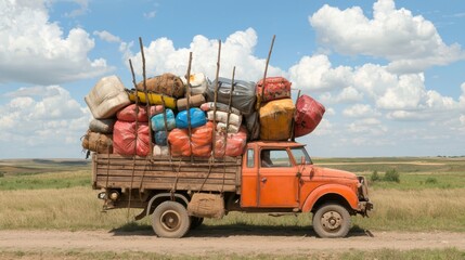 An old orange truck overloaded with colorful bags drives along a dirt road in a rural open field under a partly cloudy sky.