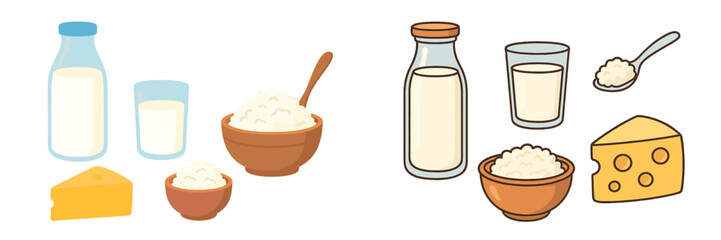 Set of dairy products including milk in a bottle and glass, cottage cheese in a bowl, and a wedge of cheese isolated on a white background