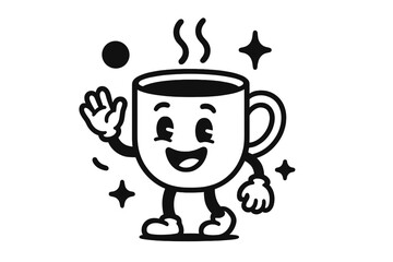 Retro cartoon coffee cup mascot character waving with a happy smile. Black and white vintage style graphic for a cafe or coffee shop logo