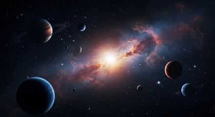 Radiant star explodes brilliantly illuminating planets and nebulae in deep space. AI Generated