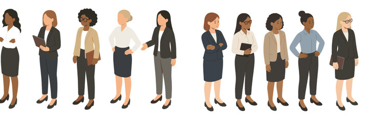 Diverse group of professional businesswomen standing together in corporate attire isolated on a white background