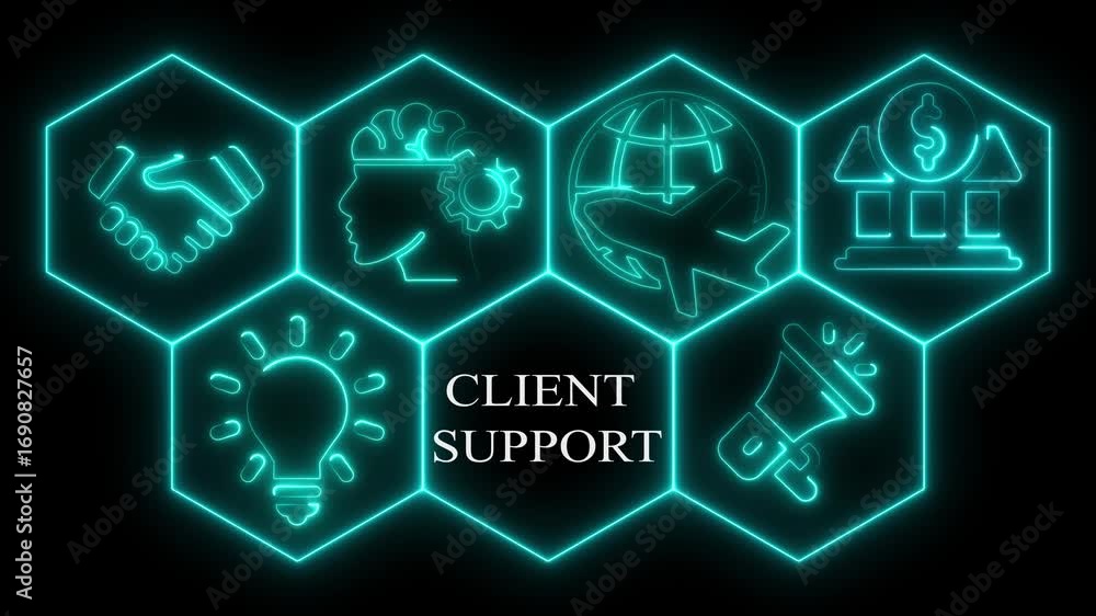 Aufkleber client support concept represented by glowing icons and connected elements in neon design