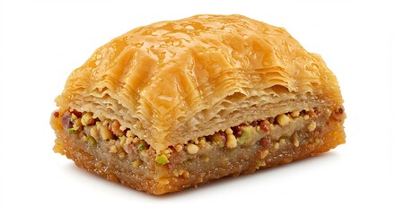 Golden layered baklava pastry filled with pistachios sits against a bright white background. AI Generated