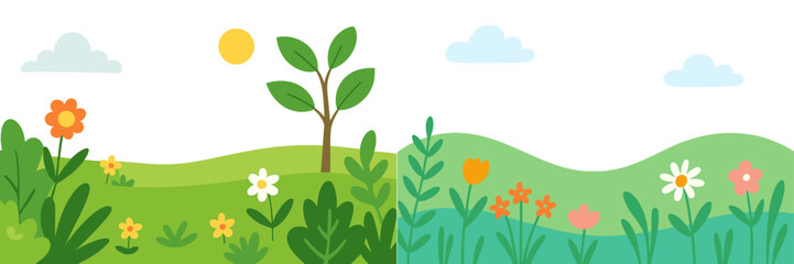 Cartoon spring landscape with rolling green hills, colorful flowers, a small tree, and a bright sun in the sky