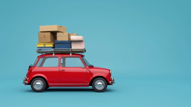 A small red car loaded with boxes and suitcases on its roof, set against a plain blue background.