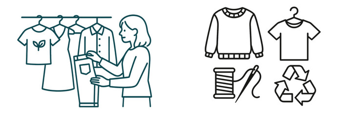 Sustainable fashion and slow living concept with a woman choosing eco-friendly clothes from a rack and a set of line icons for recycling, mending, and apparel