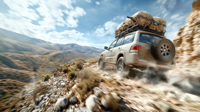 A rugged SUV drives off-road down a rocky mountain trail under a bright sky, surrounded by a vast wilderness landscape.