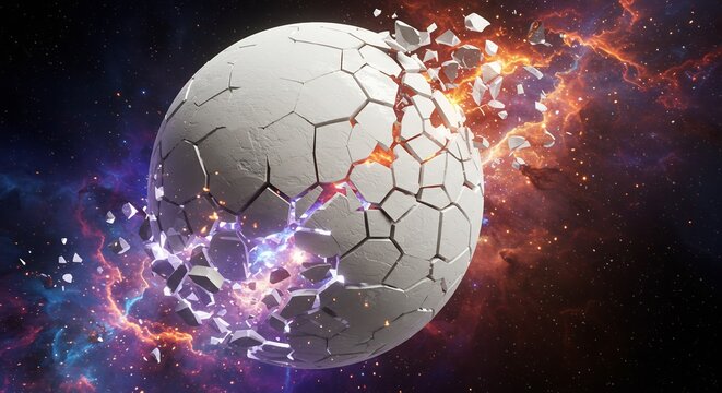 Shattering Sphere Explodes Vibrant Cosmic Light. AI Generated