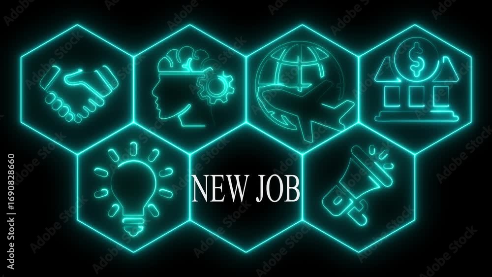 Poster Abstract new job concept with glowing neon icons and hexagonal pattern