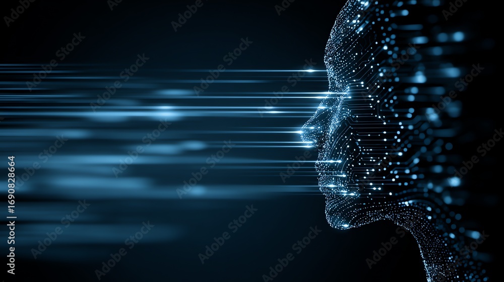 Poster a digital human profile emerges from a network of glowing lines and particles, symbolizing the conve
