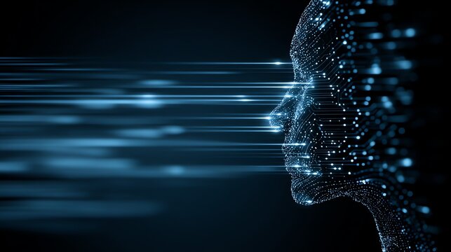 A digital human profile emerges from a network of glowing lines and particles, symbolizing the convergence of technology and consciousness in a futuristic concept.