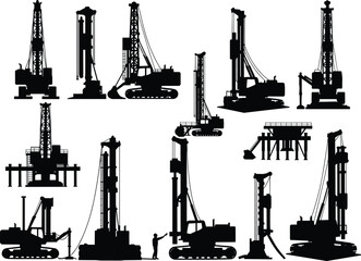 Heavy drilling machine silhouettes, construction rig equipment, pile drivers, foundation boring machines, black vector illustration, industrial drilling rigs, isolated icons, deep soil structures