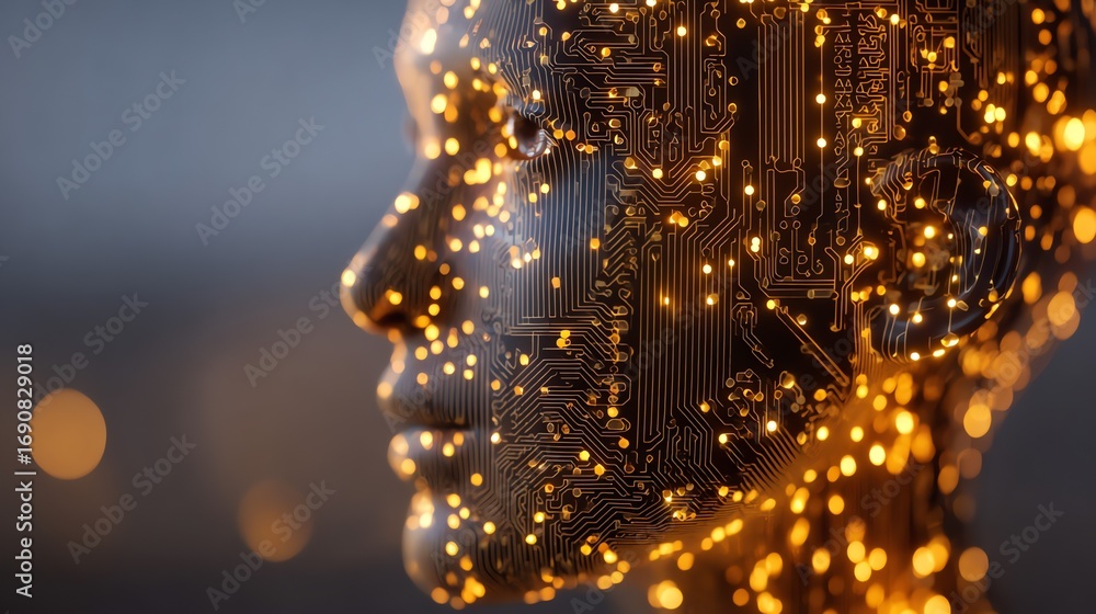 Aufkleber a striking digital rendering portrays a human profile constructed from intricate circuitry and glowi