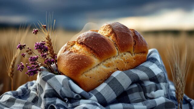 Freshly baked bread resting on a checkered cloth, surrounded by golden wheat and delicate flowers, capturing the essence of rustic charm and the beauty of nature in a serene outdoor setting