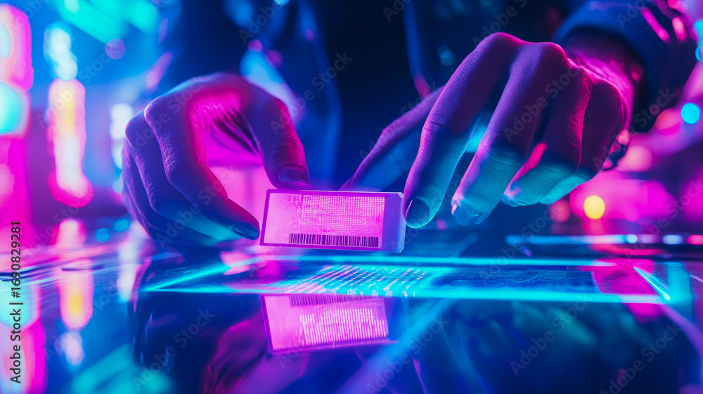 Poster captivating neon scene with hands holding futuristic data chip displaying barcode, its digital infor