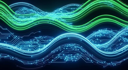 Abstract futuristic background with flowing digital waves and circuit board patterns, visualizing data stream, and network communication concepts