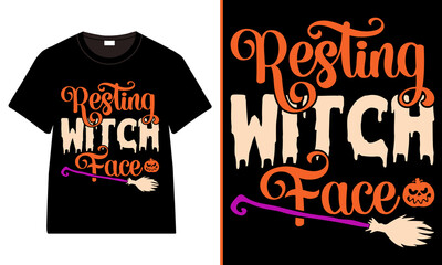 Resting Witch Face Halloween T‑Shirt, Drippy WITCH Text, Script Accents, Broom And Pumpkin