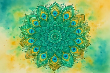 Serene Teal and Gold Peacock Feather Mandala: Watercolor Style Spiritual Art
