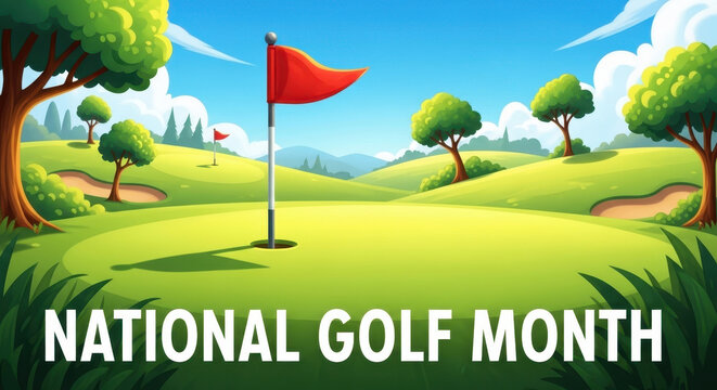 vibrant course landscape with red flag on sunny day. lush green hills and blue sky celebrate national golf month illustration. sports promotion, illustrated banner
