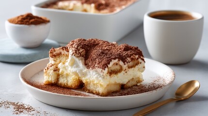 Closeup of a creamy tiramisu dessert with cocoa dusting, soaked sponge layers, and mascarpone on a white ceramic dish, accompanied by a coffee cup and golden spoon, evoking indulgence and comfort