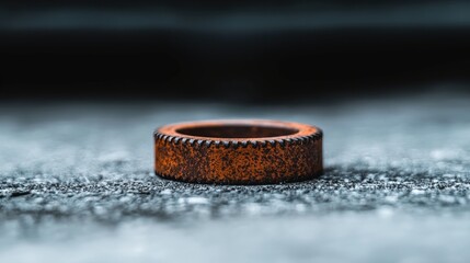 A rusty orange ring sits on a gray surface.