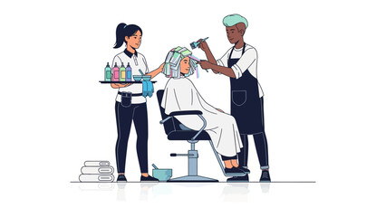 Two hairstylists meticulously styling and treating a client s hair in a modern salon setting with professional equipment