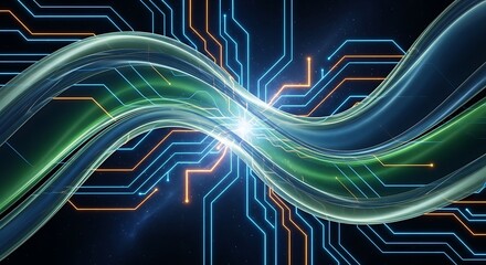 Futuristic concept of high-speed data transfer with glowing energy waves flowing over a complex digital circuit board background