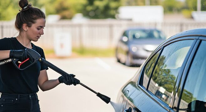 A focused person wears gloves, carefully using a pressure washer to clean a dark car at an an outdoor wash station.