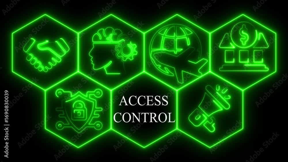 Poster animated neon signs of access control elements for security and business transactions
