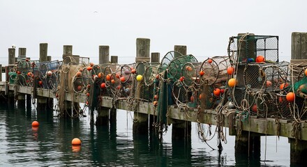 Fishing nets hang heavy on weathered wooden dock posts under a soft gray sky. AI Generated