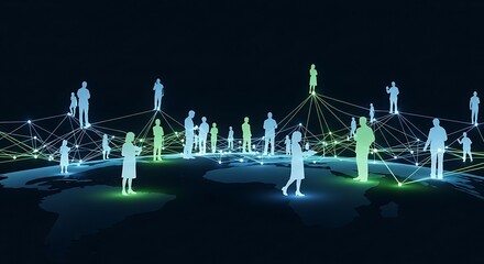Futuristic concept of global connectivity, showing people linked by a glowing digital network on a world map