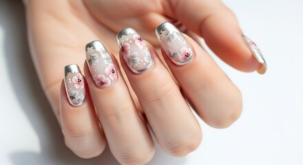 Exquisite Floral Nail Art - Delicate Pink Blossoms Adorn a Womans Hand with Shimmering Silver Accents.