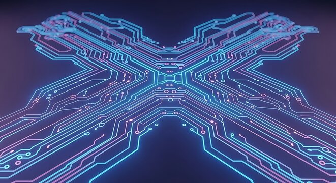Vibrant glowing pathways of a futuristic X-shaped digital network, symbolizing the flow of data and advanced computing
