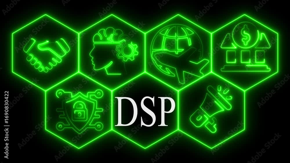Poster abstract dsp neon graphic with business and global elements against a black background