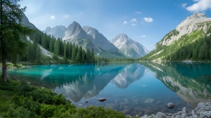 "Turquoise Mountain Lake with Snow-Capped Peaks and Pine Forest Reflections"