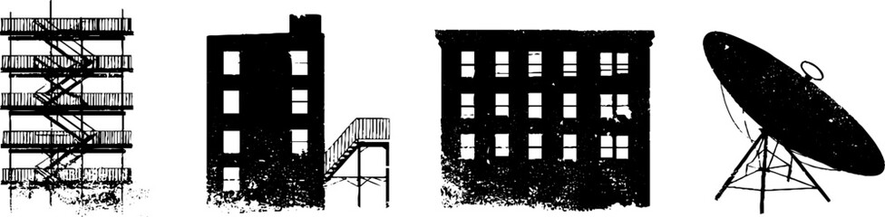 Obraz premium Urban grunge silhouettes of high rise buildings and satellite dish for design projects