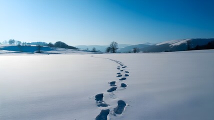 "Footprints in Fresh Snow Leading Toward Distant Winter Hills Under Clear Blue Sky"