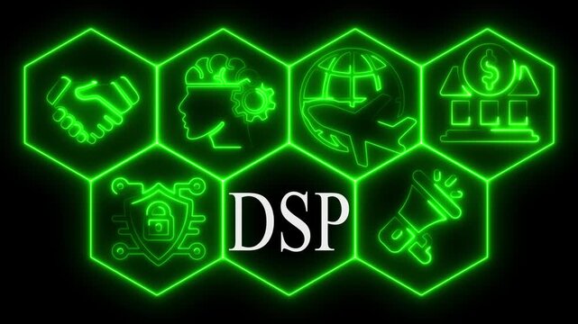 Abstract dsp neon graphic with business and global elements against a black background