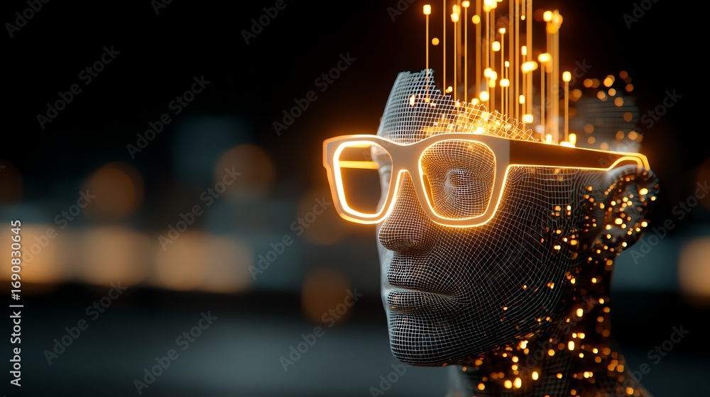 Poster a digital human head constructed from glowing particles and wireframe, adorned with illuminated glas