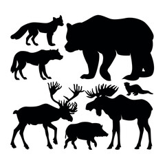 Stylized black silhouettes of diverse wild mammals, featuring majestic moose, powerful bears, agile foxes, formidable wolves, and other forest fauna in a striking minimalist design