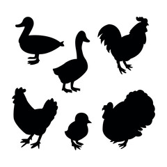 Silhouettes of Farm Animals Ducks, Geese, Chickens, Roosters, and Turkeys