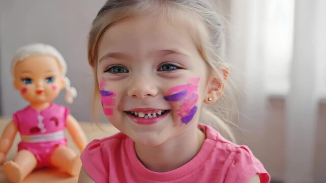 Smiling little girl with colorful face paint blinking and laughing while looking at camera with toy doll in background playful childhood moment full of joy creativity and innocence indoors